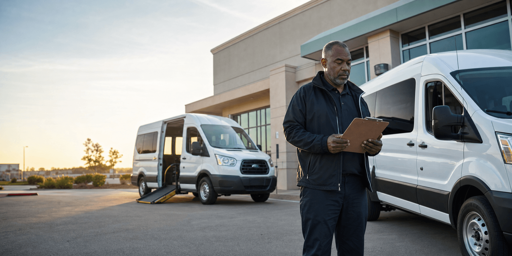 NEMT operator checking a trip manifest beside two wheelchair-accessible vans outside a medical building