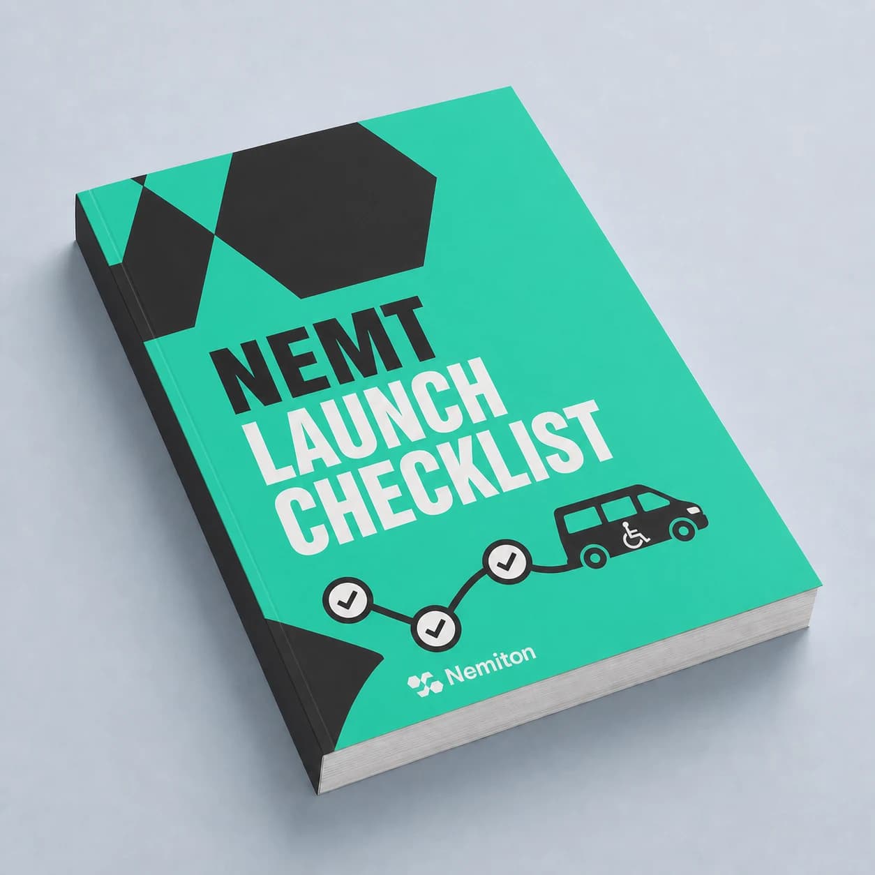 The NEMT Launch Checklist workbook shown at an angle on a pale studio background